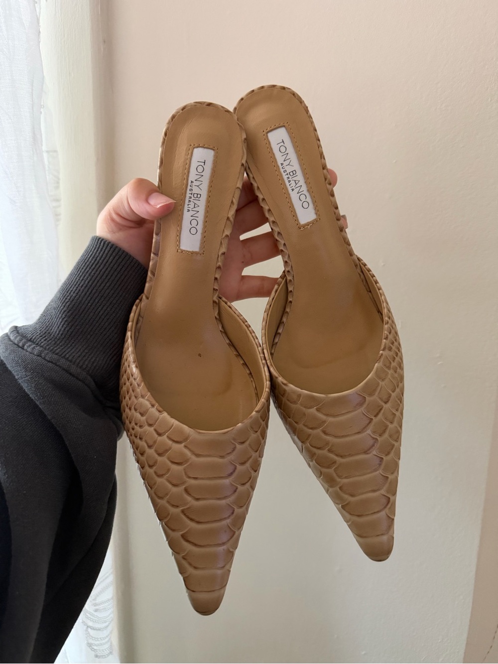 Tony Biiano Tan Textured Pointed-Toe Mule Slides